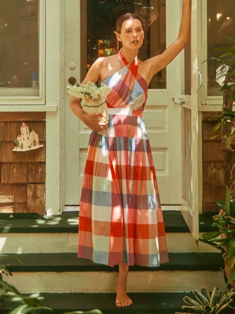 HUNTER BELL Multicolor Gingham Halter Backless Midi Dress - Picture 2 of 11